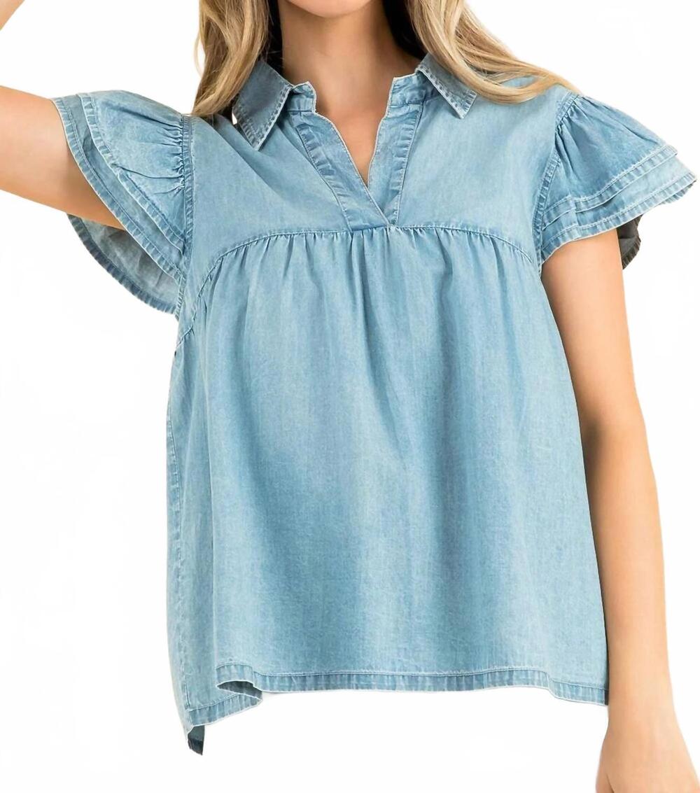 NEW POL collared babydoll denim top in blue